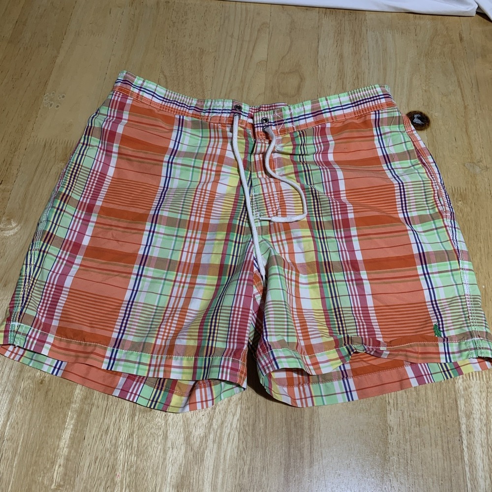 Polo Ralph Lauren Mens L - Orange  / Multicolor Plaid Swim Trunks‎ Shorts Lined